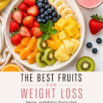 Best fruits for weight loss Pinterest pin featuring a colorful bowl of strawberries, blueberries, bananas, kiwi, oranges, pineapple, mango, and a smoothie with clean branded text from Dr. Christina Carlyle.