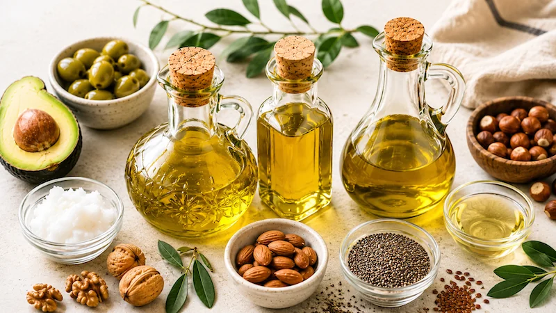 Healthy cooking oils cover image featuring glass bottles of golden oil, avocado, olives, coconut oil, almonds, chia seeds, walnuts, hazelnuts, and fresh green herbs on a light neutral kitchen surface.