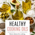 Healthy cooking oils Pinterest pin featuring glass bottles of golden oil, avocado, olives, coconut oil, almonds, chia seeds, walnuts, and a clean white text box with Dr. Christina Carlyle branding.