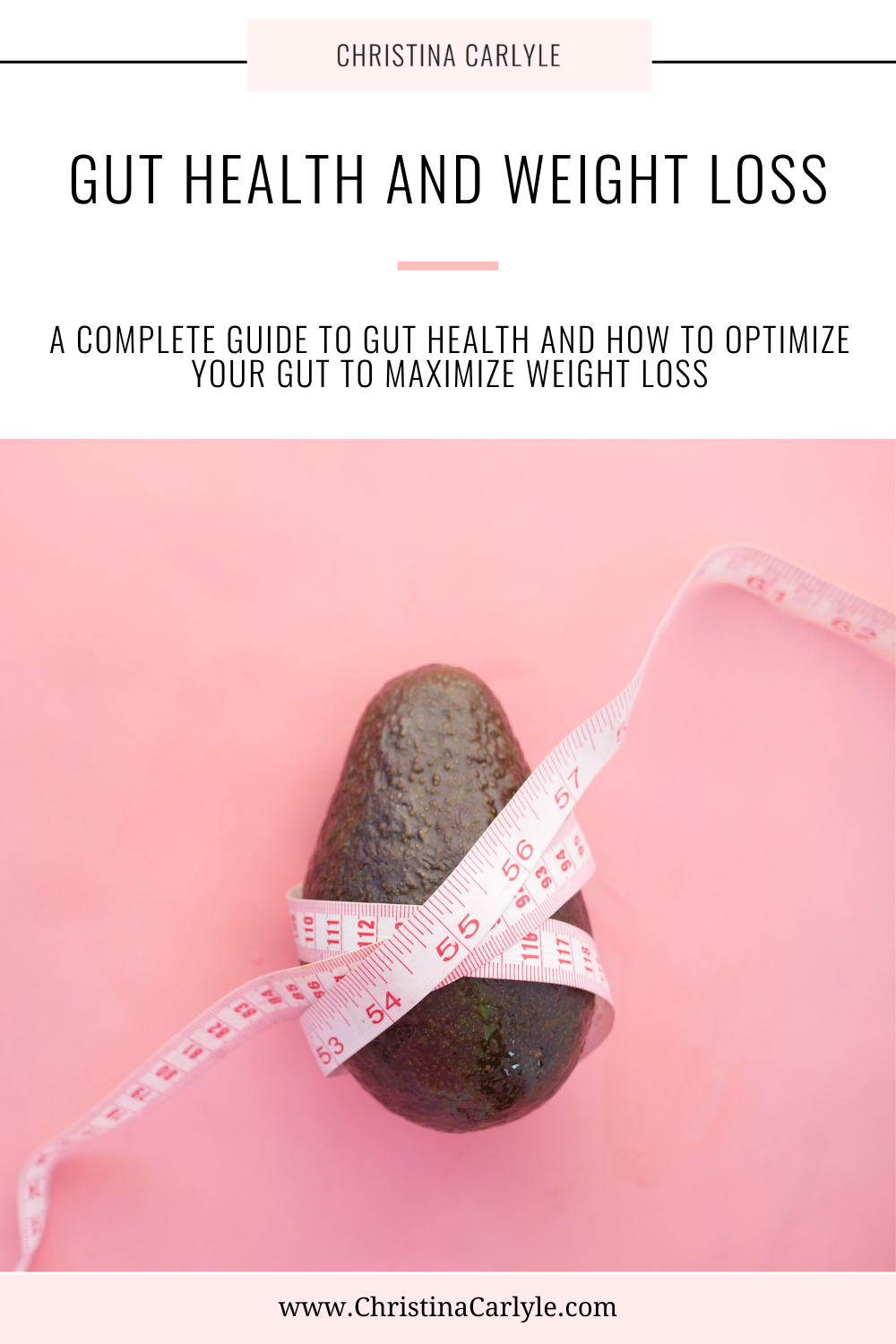 Text that says Gut Health and Weight Loss and an avocado with a tape measure around it