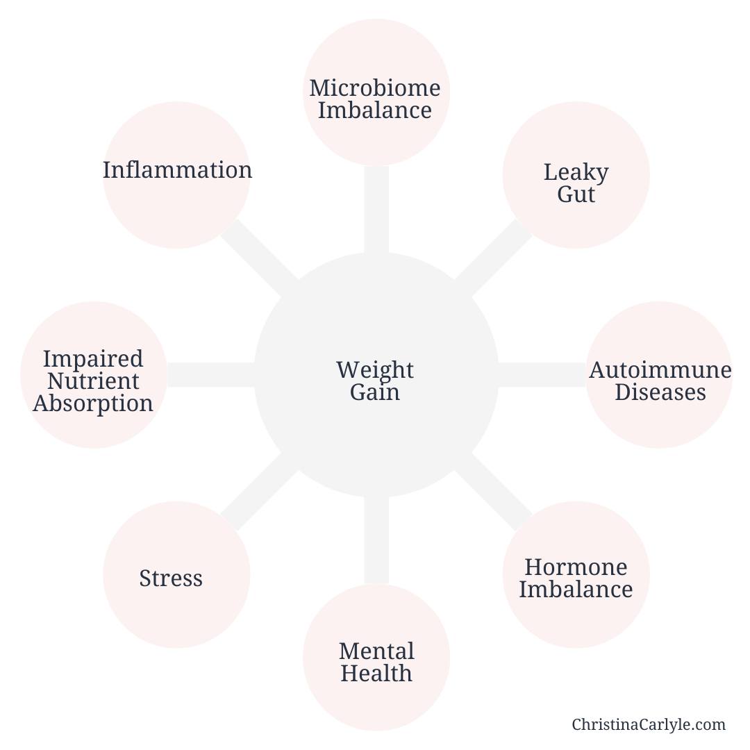 an infographic of 8 Gut Health Issues that cause Weight Gain