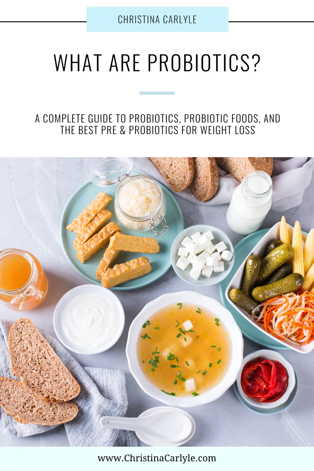 a flay lay of all probiotic foods and text that says "What are Probiotics?"