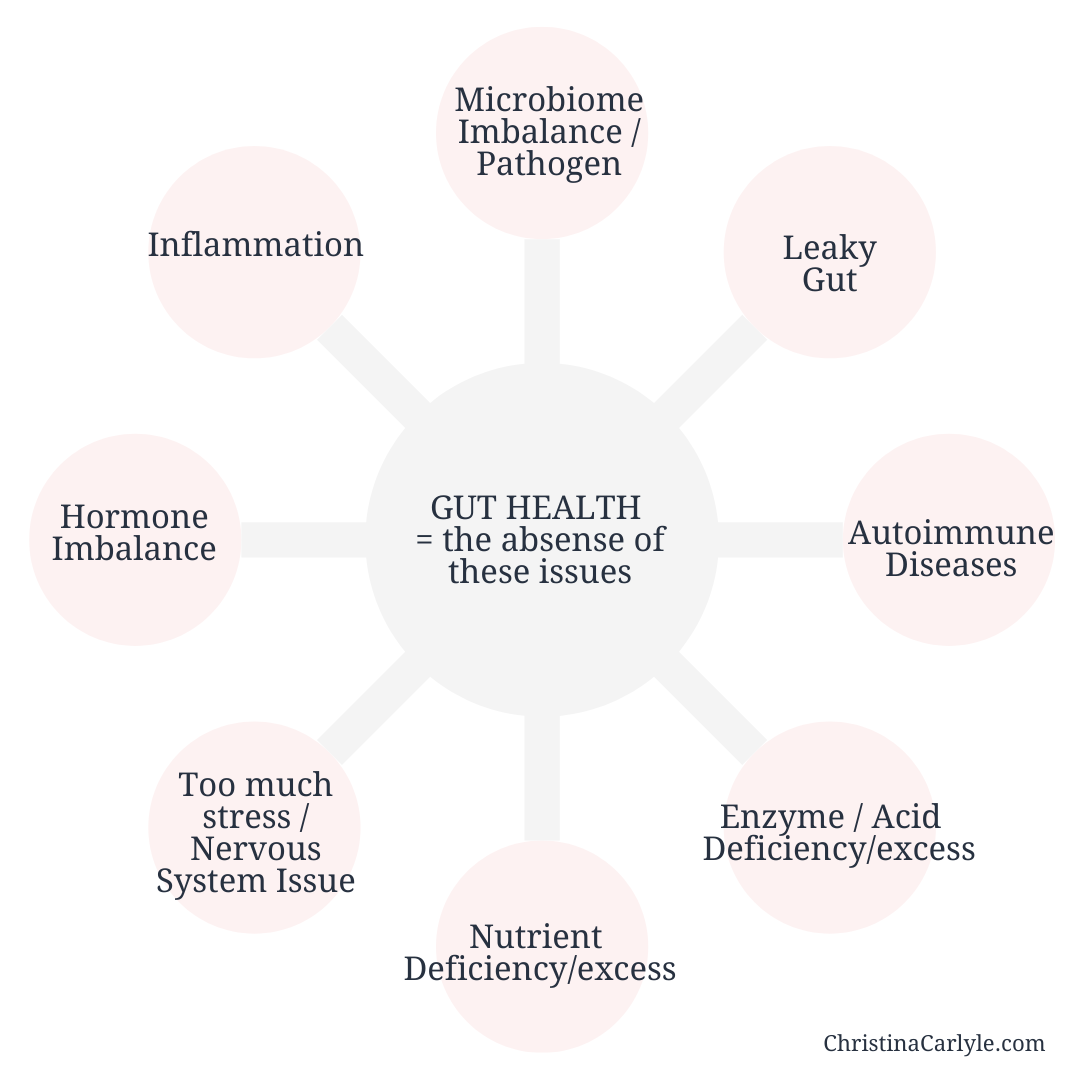 Am infographic of all factors contributing to gut health issues that says Gut Health = Absence of these issues