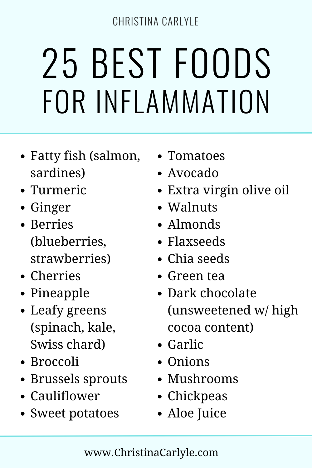 text that says 25 BEST FOODS FOR INFLAMMATION and the 25 best anti inflammatory foods listed