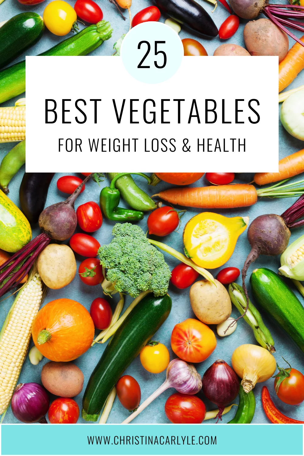 a flatlay of different vegetables and text that says 25 Best Vegetables for Weight Loss and Health