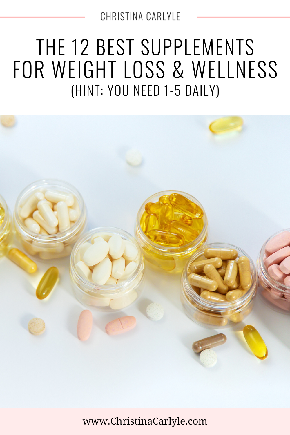 text that says: The Best Supplements for Weight Loss and Wellness and 5 different supplement containers and pills on a white countertop