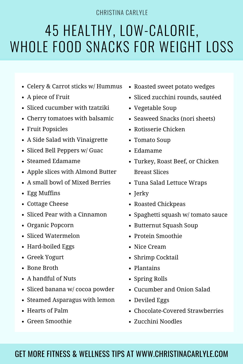 text that says 45 Healthy, low calorie, whole food snacks for Weight Loss and the lists of snacks