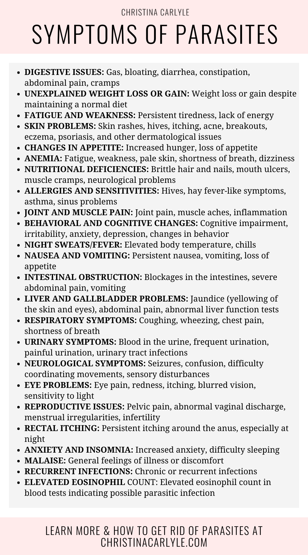 an infographic with a list of the different symptoms that parasites can cause in humans