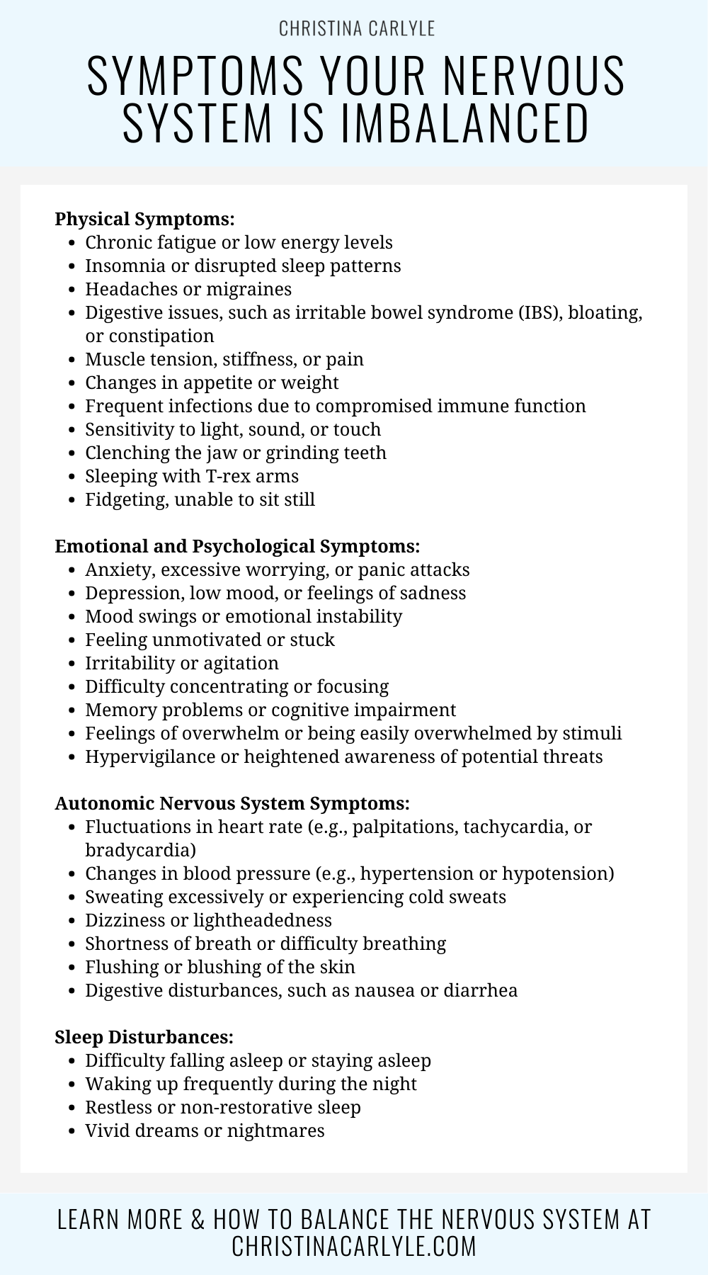a list of all physical and emotional symptoms of an imbalanced nervous system 