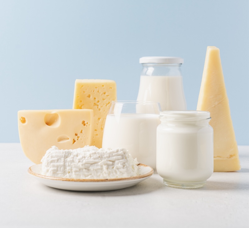 Variety of dairy products on blue background. Bottle of milk, cheese, yogurt or sour cream, cottage cheese