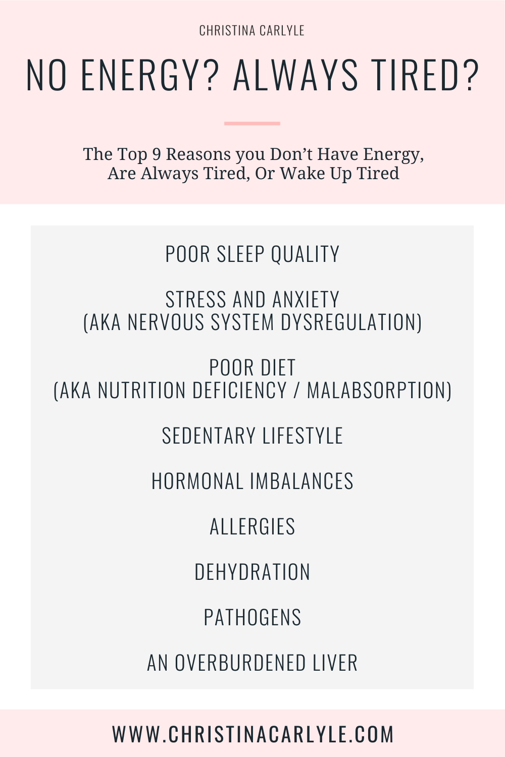 text that says No Energy? Always Tired? And a list of the top 9 reasons for fatigue and energy issues