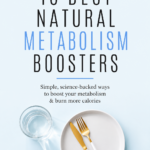 Minimal blue wellness pin titled “10 Best Natural Metabolism Boosters” above a white plate with gold flatware and a glass of water, promoting simple, science-backed ways to support metabolism and burn more calories.