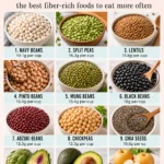 A Pinterest pin from Dr. Christina Carlyle showing a visual chart of the highest fiber foods, including navy beans, split peas, lentils, pinto beans, mung beans, black beans, adzuki beans, chickpeas, chia seeds, artichokes, avocado, and Asian pears, with fiber amounts listed for each.