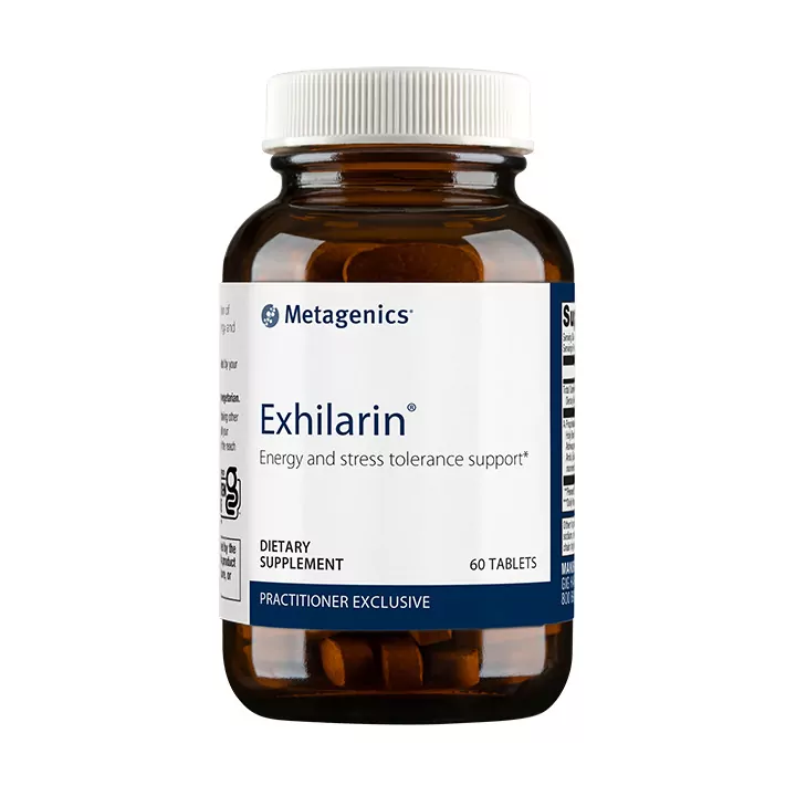 a bottle of Exhilarin® supplement that reduces cortisol and stress by Metagenics