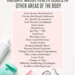 Vertical Pinterest infographic from Dr. Christina Carlyle featuring dental hygiene supplies in soft pink and aqua tones and a centered list of oral health issues that may indicate broader health concerns, including gum disease, dry mouth, bad breath, tooth erosion, mouth sores, jaw pain, loose teeth, and bleeding gums.