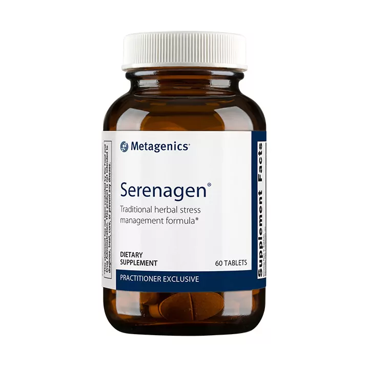 a bottle of Serenagen® Stress & Mood Support Supplement to reduce cortisol by Metagenics
