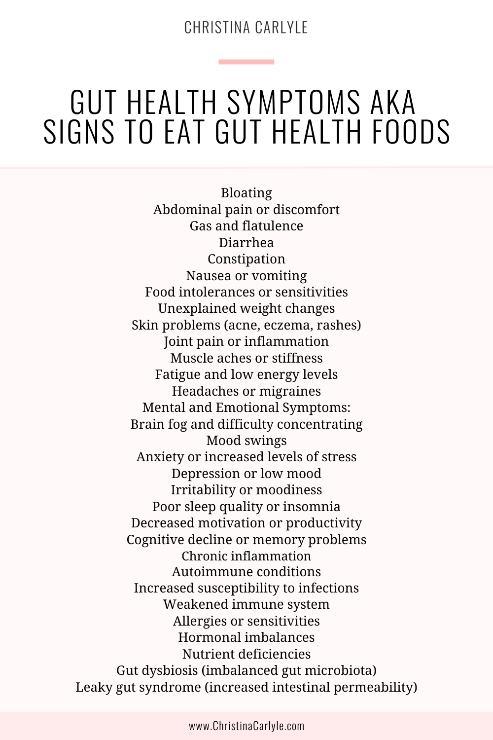 a list of gut health issue symptoms and text that says Gut Health Symptoms AKA Signs to Eat Gut Health Foods