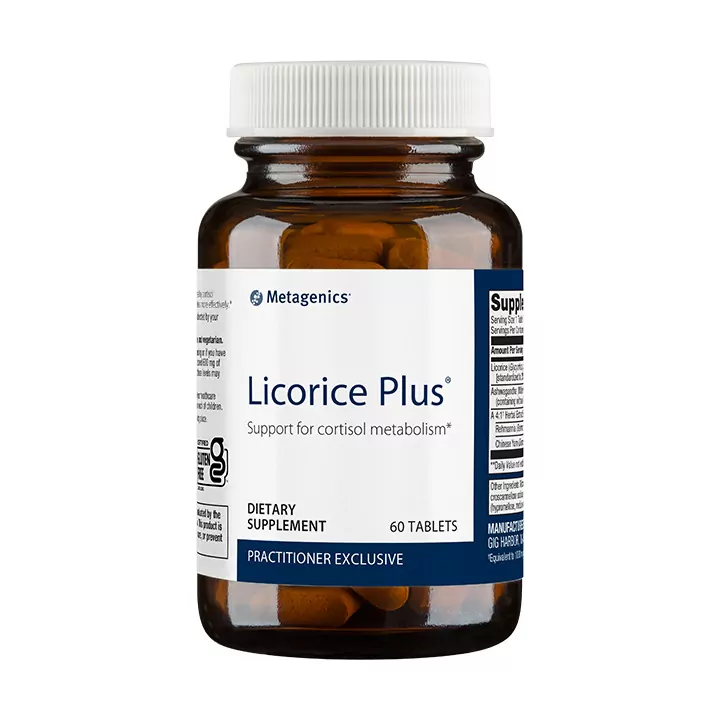 a bottle of Licorice Plus supplement to reduce cortisol by Metagenics