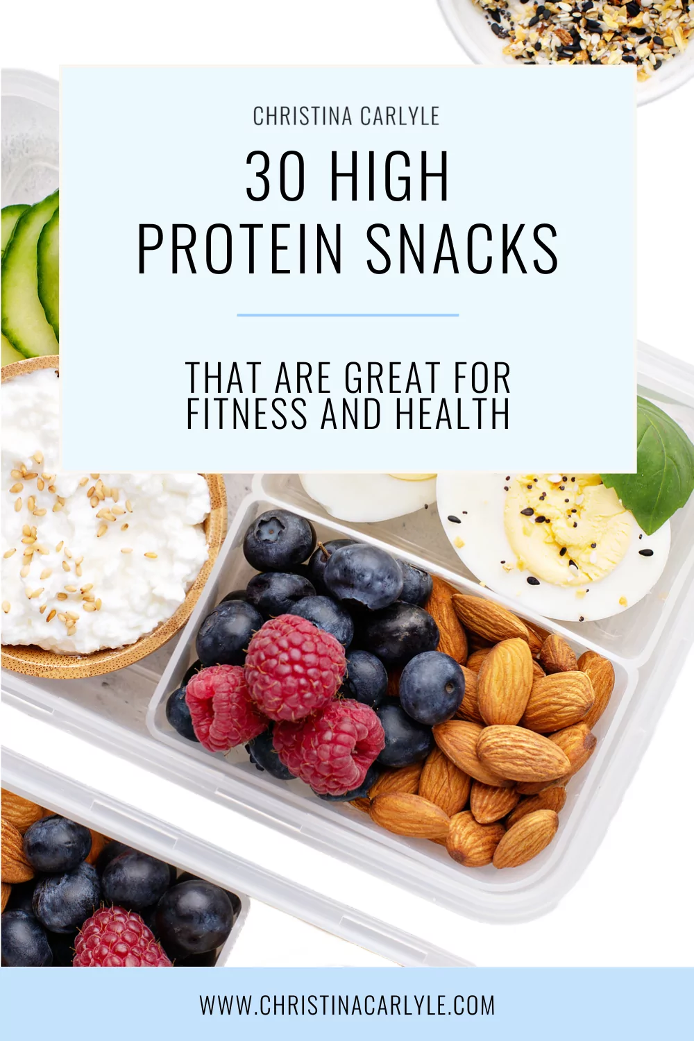 text that says 30 high protein snacks that are great for fitness and health