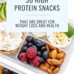 text that says 30 high protein snacks that are great for weight loss and health