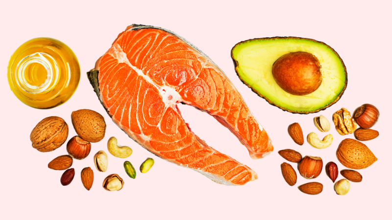 a flat lay of healthy fats for weight loss