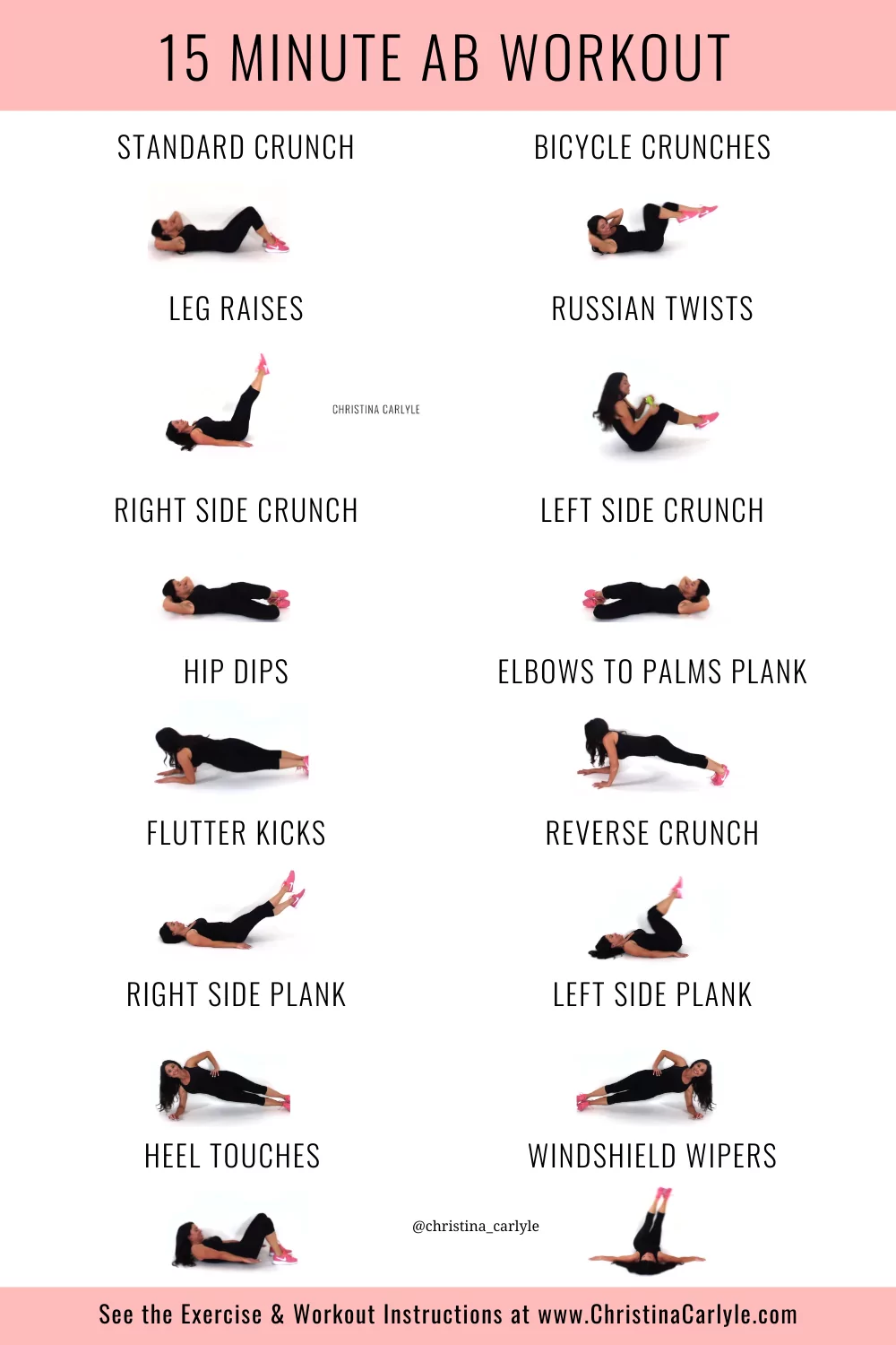 Trainer Christina Carlyle doing 14 different ab exercises in a 15 minute ab workout