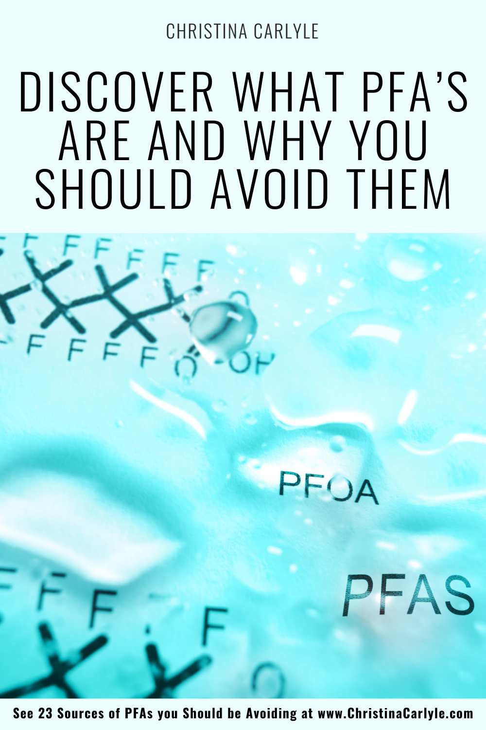 Discover What Pfa’s Are And Why You Should Avoid Them with Water droplets with PFAS text and chemical structure in the background -- contaminated drinking water concept