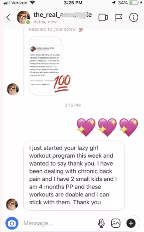Lazy Girl Testimonial on instagram an email from a Lazy Girl program participant describing their results