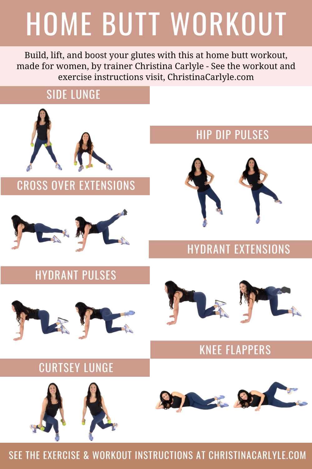 text that says Butt Workout at Home and trainer Christina Carlyle demonstrating 7 different at home butt exercises