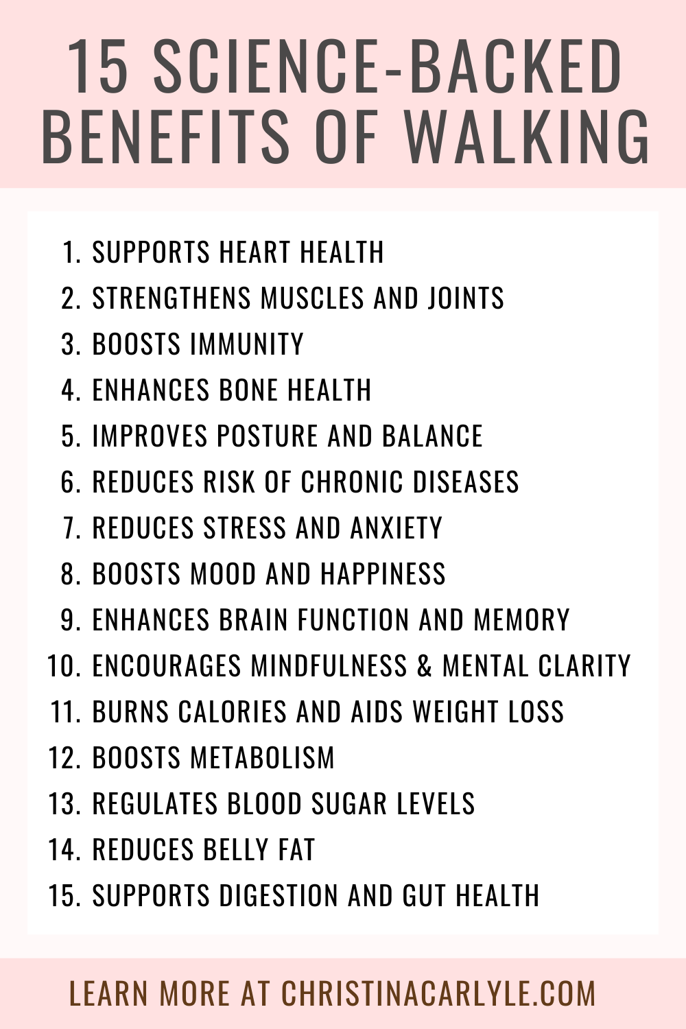 Benefits of Walking a list of 15 benefits from walking