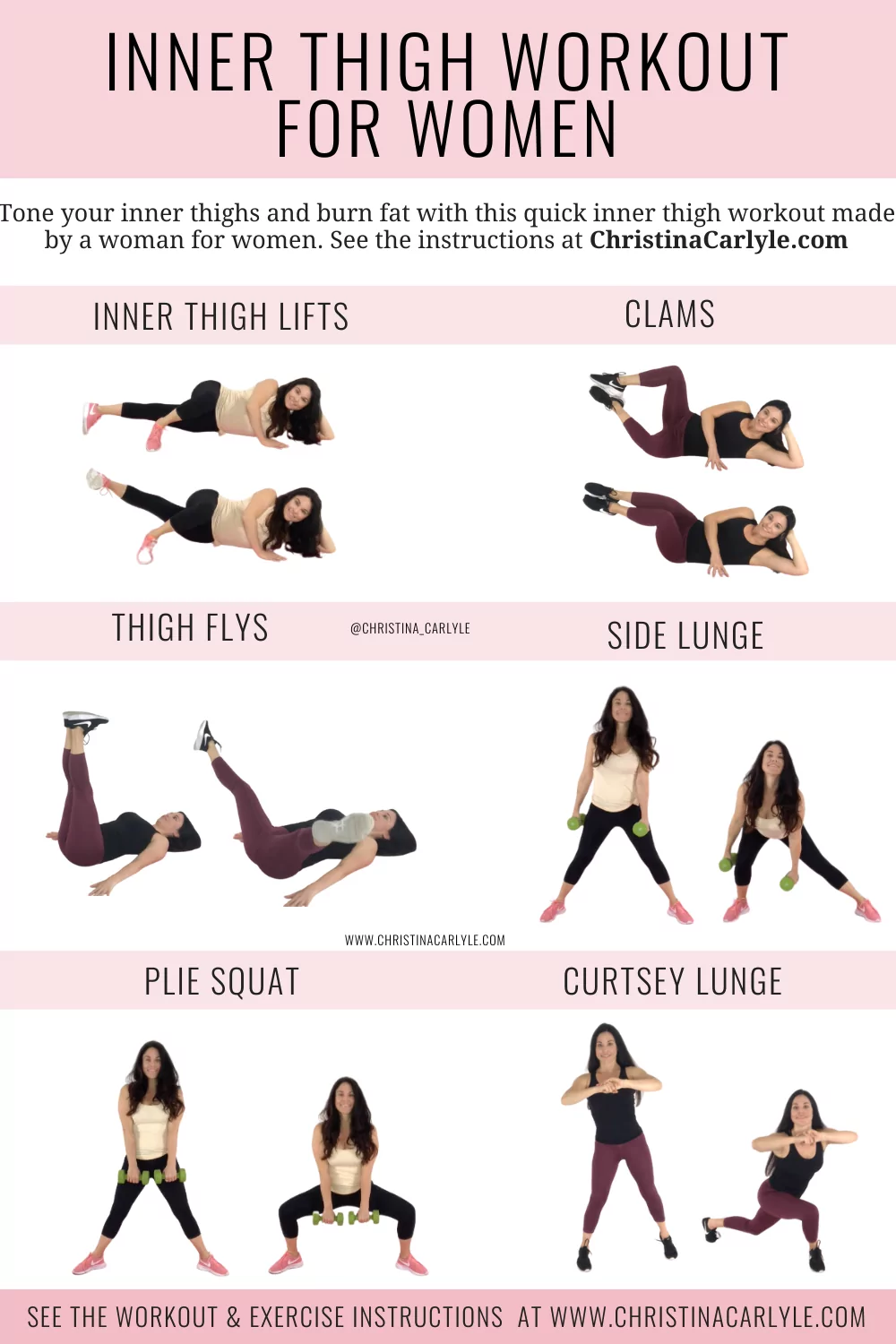 trainer Christina Carlyle doing 6 different inner thigh exercises and text that says 'Inner Thigh Workout for Women'