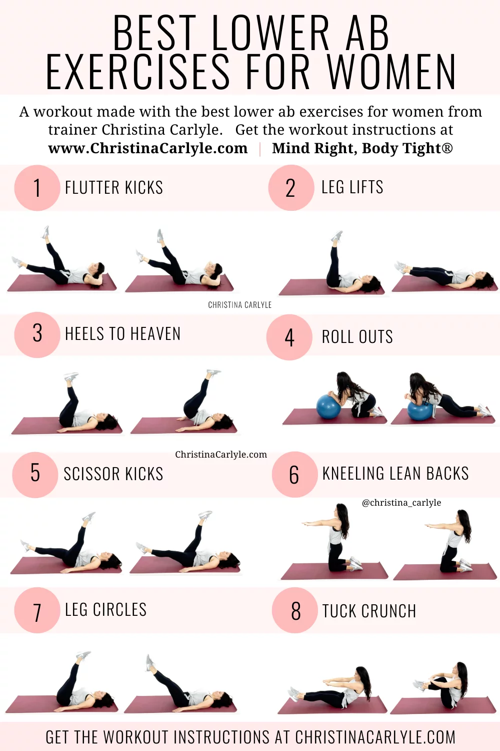 8 lower ab exercises being done by trainer Christina Carlyle in a lower ab workout