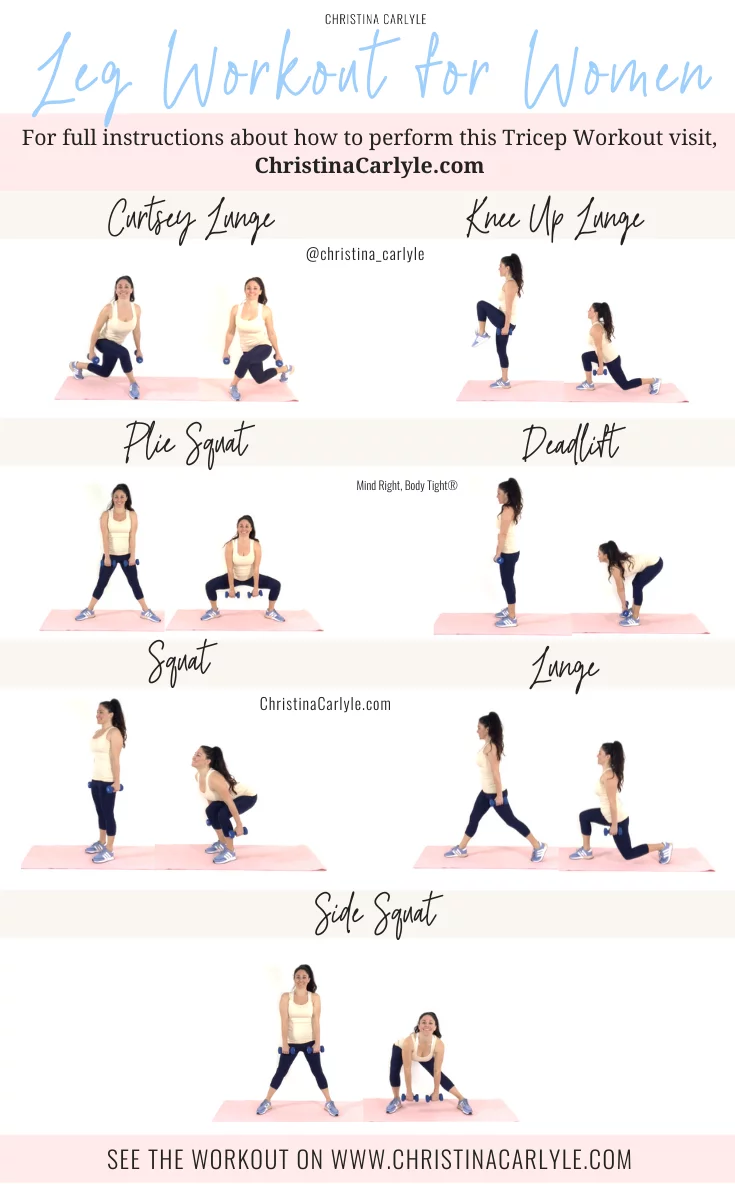 Leg workout infographic with 7 leg exercises being done by trainer Christina Carlyle