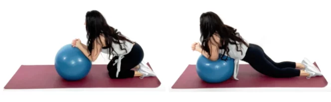 stability ball roll outs low ab exercise being done by trainer Christina Carlyle