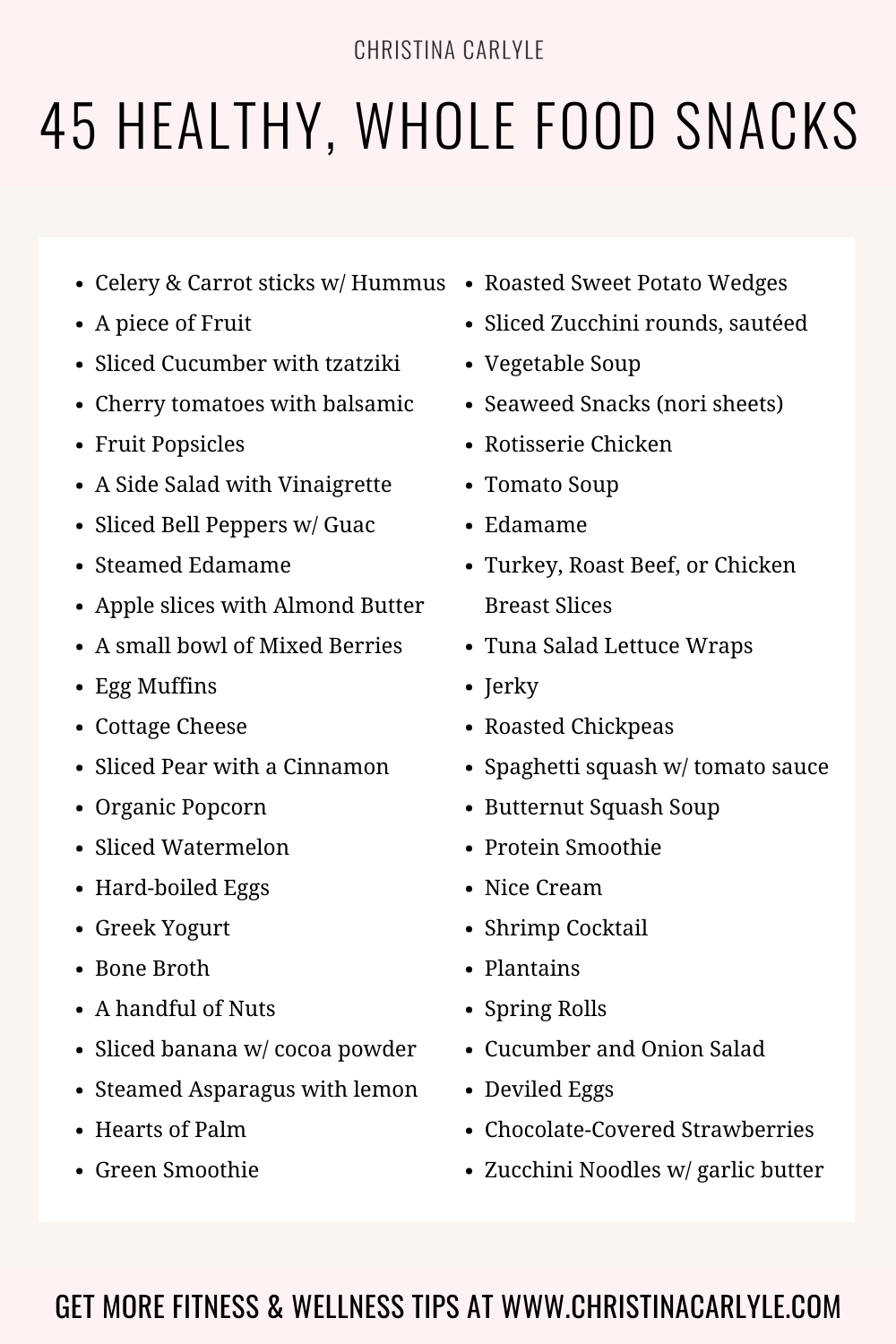 text that says 45 Healthy Snacks and a list of the snack options