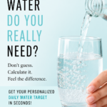 Pinterest pin for a daily water intake calculator from Dr. Christina Carlyle featuring a glass of water being poured with text encouraging readers to calculate their personalized daily water goal.