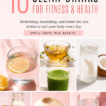 Pinterest pin for clean drinks from Dr. Christina Carlyle featuring a soft pink collage of healthy drinks including lemon water, herbal tea, green juice, coconut water, nut milk, and sparkling water with a call to action to visit ChristinaCarlyle.com.