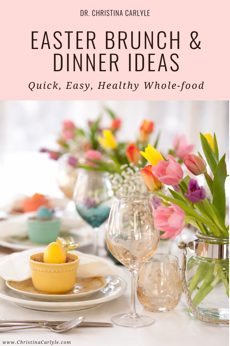 Easter brunch and dinner ideas table setting with tulips, pastel eggs, glassware, and elegant place setting with spring decor and soft pink background text