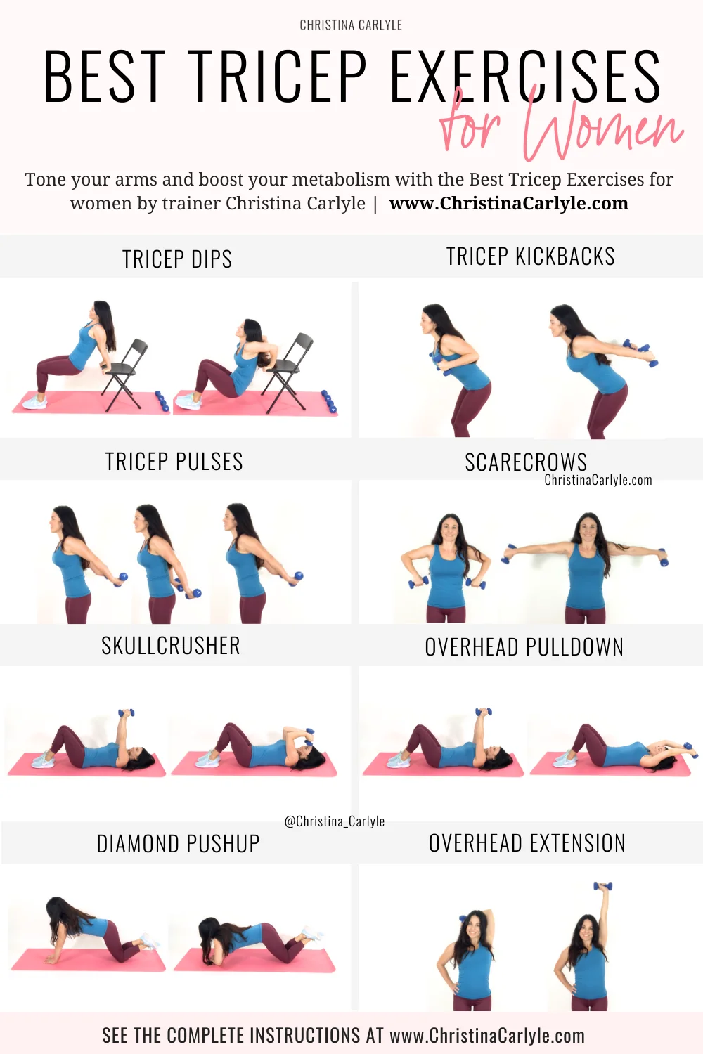 trainer Christina Carlyle demonstrating 8 tricep exercises and text that says Best Tricep Exercises for Women