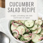 Pinterest pin for a cucumber salad recipe from Dr. Christina Carlyle showing a fresh bowl of sliced cucumbers, red onion, herbs, and seasoning with the text “fresh, crisp, and so easy” and “Cucumber Salad Recipe.”