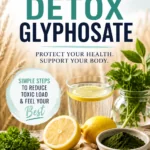 Pinterest pin for Dr. Christina Carlyle about how to detox glyphosate, featuring wheat, lemon water, herbs, greens, and natural detox ingredients with teal, navy, cream, and beige branding. Text highlights reducing toxic load and supporting whole-body health.