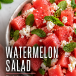 Fresh watermelon salad with feta, mint, and black pepper in a bowl, with text overlay reading βWatermelon Saladβ and βFresh, light & perfect for summerβ for a healthy summer recipe from Dr. Christina Carlyle.