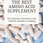 Text that says The Best Amino Acid Supplement and a flatlay of amino acid supplements on a light blue background