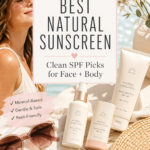 Pinterest pin for natural sunscreen featuring clean mineral SPF picks for face and body, with a bright feminine beach-inspired skincare design from Dr. Christina Carlyle.