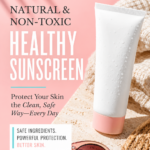 Pinterest pin for Dr. Christina Carlyle featuring a white sunscreen tube on a pink beach-inspired background with text about natural, non-toxic healthy sunscreen and clean sun protection.