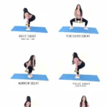 Infographic with six squat exercises arranged in sequence with setup and form cues for legs and glutes being performed by trainer Christina Carlyle