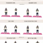 Image collage showing six bicep curl exercises demonstrated by Christina Carlyle on a pink mat: Standard Curl, Hammer Curl, Side Curl, Slow Eccentric Curl, Iso-Hold Curl, and Rotating Curl. Text reads ‘Best Bicep Curl Exercises to Snatch Your Arm’ with instructions available at ChristinaCarlyle.com