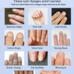 Pinterest graphic titled “Nails & Health” by Dr. Christina Carlyle showing examples of nail changes including horizontal ridges, club nails, dark streaks, vertical ridges, yellow nails, missing moons, brittle peeling nails, pale nail beds, white spots, spoon nails, and lifting nails.