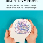 Graphic of hands holding a paper cutout of a human head with colorful tangled lines inside, symbolizing mental health struggles, against a blue background