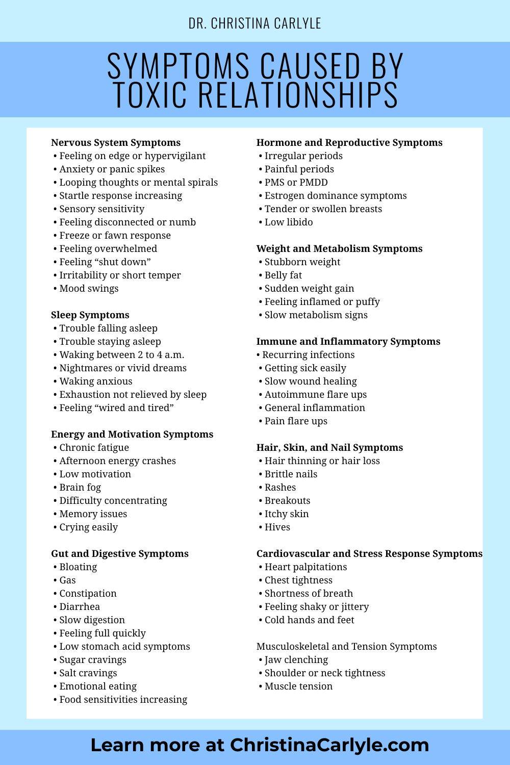 Symptoms Caused by Toxic Relationships You Shouldn’t Ignore Infographic titled Symptoms Caused by Toxic Relationships showing grouped symptom categories including nervous system issues, sleep problems, energy and motivation symptoms, digestive issues, hormone symptoms, weight and metabolic symptoms, immune symptoms, skin and hair symptoms, cardiovascular stress symptoms, and muscle tension